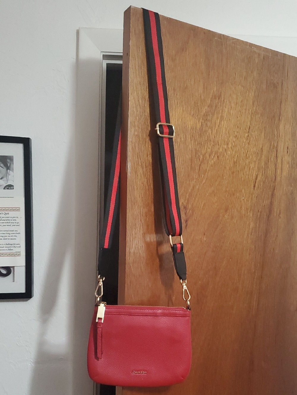 Calvin Klein Red Leather Crossbody with Striped Adjustable Strap